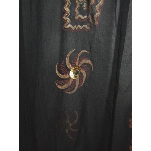 648 - Vintage Zandra Rhodes Black Chiffon Silk Harem Pants & Matching Top, painted ric-rac design with gol... 