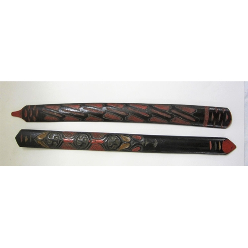 272 - 2 Ainu Wooden Ikupasuy Cermonial Libation Sticks/Moustache Lifters: slightly curved with black groun... 