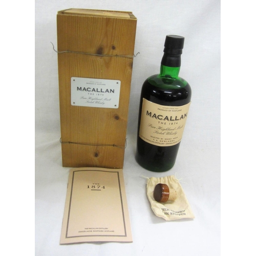 278 - Bottle MACALLAN 1874 Malt Scotch Whisky with reproduction bottle in wooden box, cork & booklet