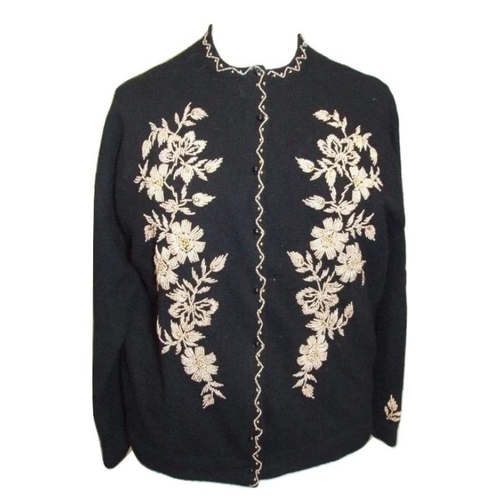 667 - Ladies Vintage Fordley Arts Black Wool Cardigan with gold bead detail, Cream Wool Cardigan with lust... 