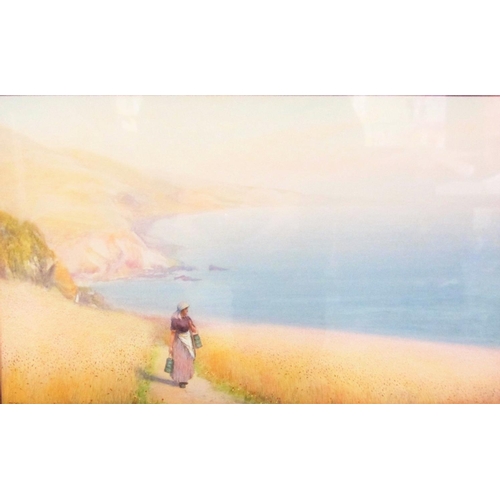 181 - F/g Watercolour 'Autumn Gold South Cornwall' young lady walking on pathway looking out to sea, by Jo... 