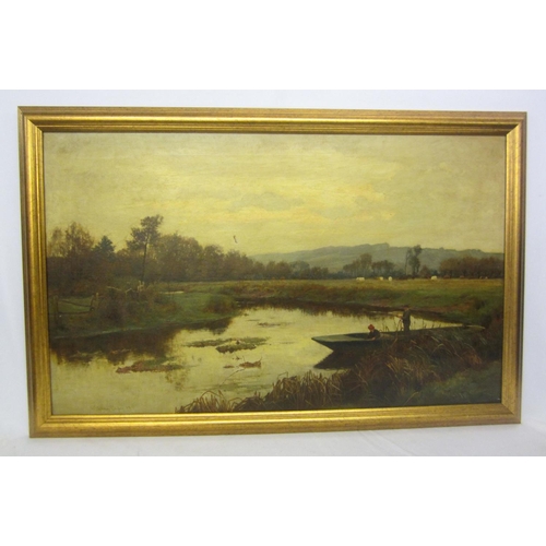 179 - C19th Oil on Canvas River with boys fishing off a punt, cows grazing in distance, signed W Sydney Co... 