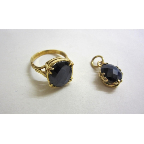 221 - 9ct. Gold Cushion Cut Large Sapphire Set Ring size N & Similar Pendant (2)