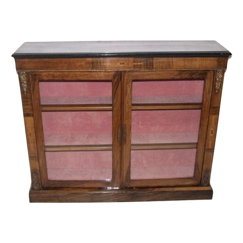 28 - Victorian Figured Walnut 2 Drawer Dwarf Display Cabinet with cloth lined interior & shelves, on plin... 