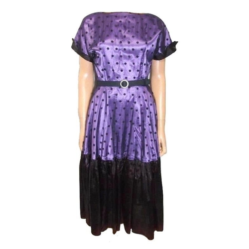 735 - Catherine Walker Black/Purple Satin Cocktail Dress with net overlay, size M