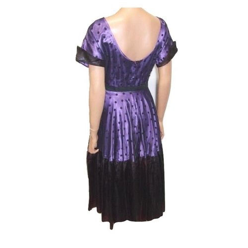 735 - Catherine Walker Black/Purple Satin Cocktail Dress with net overlay, size M