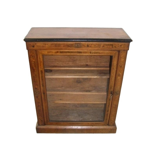 22 - C19th Victorian Walnut Pier Cabinet on plinth base with plain glazed door & wooden shelving, roundel... 