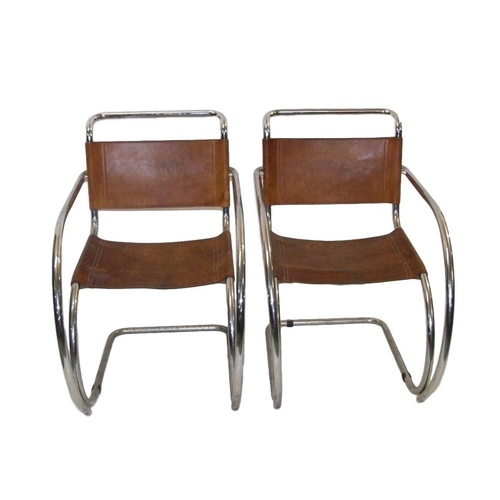 25 - Pair of Mies van der Rohe MR 20 Tubular Chrome Framed Armchairs with leather seats, hide backs, appr... 