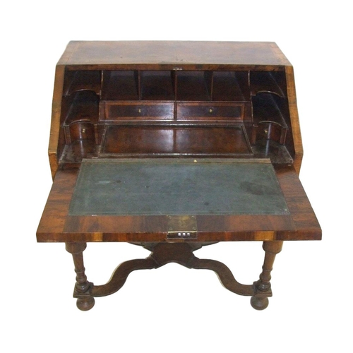 7 - William & Mary Walnut Bureau, top section with nest of staged concave fronted small drawers with pig... 