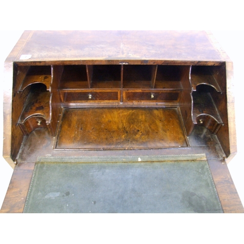 7 - William & Mary Walnut Bureau, top section with nest of staged concave fronted small drawers with pig... 