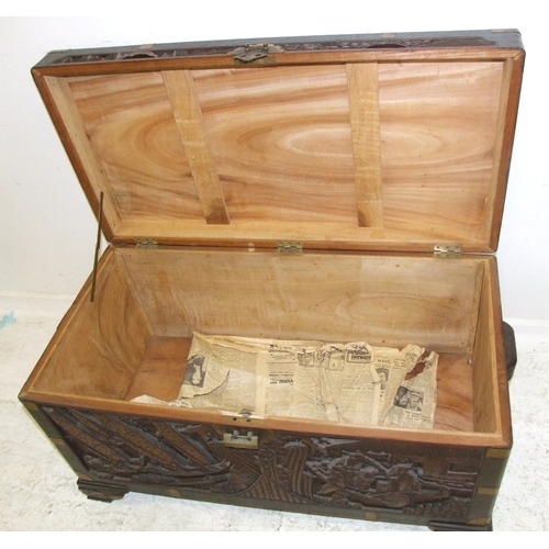 10 - Large Heavy Carved Chinese Camphorwood Chest, exterior with prunus, trees, rickshaws, buildings etc.... 