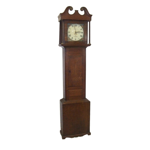 150 - C18th Oak Cottage Longcase Clock, square dial painted with red roofed buildings, signed H Benfield, ... 