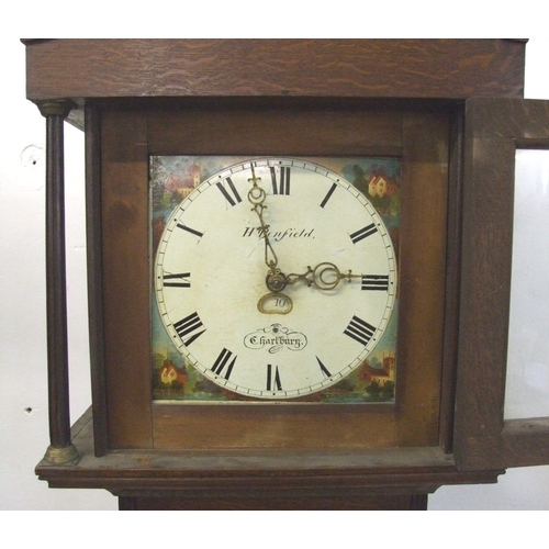 150 - C18th Oak Cottage Longcase Clock, square dial painted with red roofed buildings, signed H Benfield, ... 