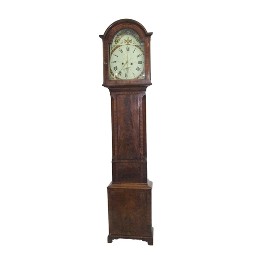 154 - Early C19th Flame Mahogany Longcase Clock with tall plinth on short bracket supports, cross banded p... 