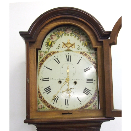 154 - Early C19th Flame Mahogany Longcase Clock with tall plinth on short bracket supports, cross banded p... 