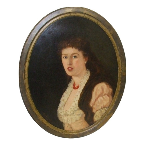 180 - C19th Oval Oil on Canvas Portrait Young Woman with long hair wearing pink dress & coral bead necklac... 