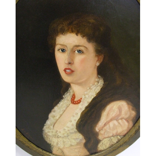 180 - C19th Oval Oil on Canvas Portrait Young Woman with long hair wearing pink dress & coral bead necklac... 