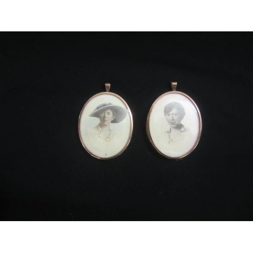 223 - Pair 9ct Rose Gold Pendant Lockets each containing photograph of young ladies (sisters?) in fitted c... 