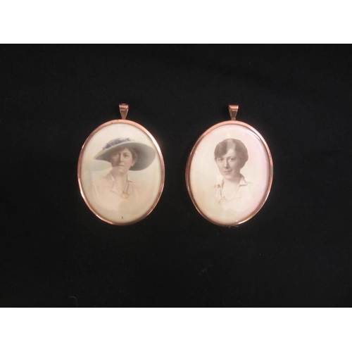 223 - Pair 9ct Rose Gold Pendant Lockets each containing photograph of young ladies (sisters?) in fitted c... 