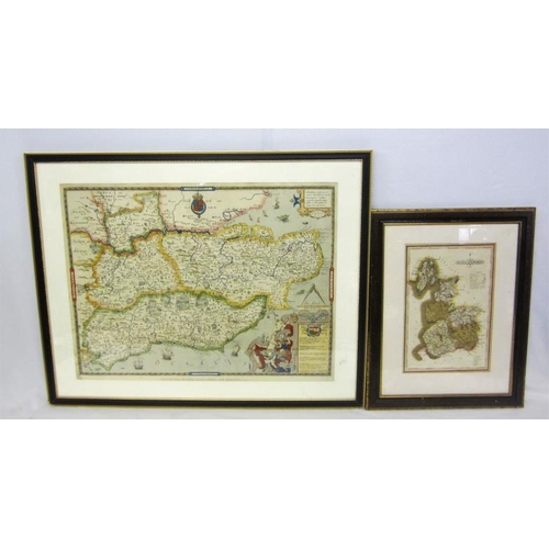 261 - F/g C19th Copy Saxton's Map of Kent, Sussex, Surrey & Middlesex 1575 & F/g Map The 100s of Lancashir... 