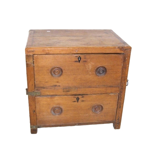 50 - Unusual Pine 2 Drawer Chest with recessed turned wooden handles, iron loop fixings, reinforced strap... 