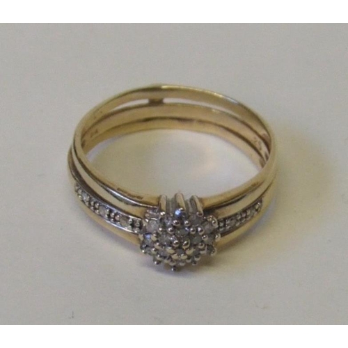 229 - 9ct. Gold Diamond Cluster Ring with diamond inset band size T