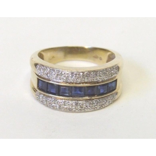 234 - 9ct. Gold Sapphire & Diamond Art Deco Style Cocktail Ring, Row of Baguette Cut Sapphires between 2 b... 