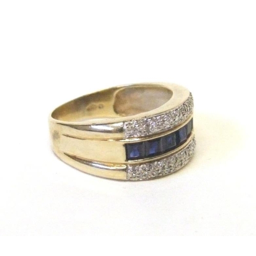 234 - 9ct. Gold Sapphire & Diamond Art Deco Style Cocktail Ring, Row of Baguette Cut Sapphires between 2 b... 