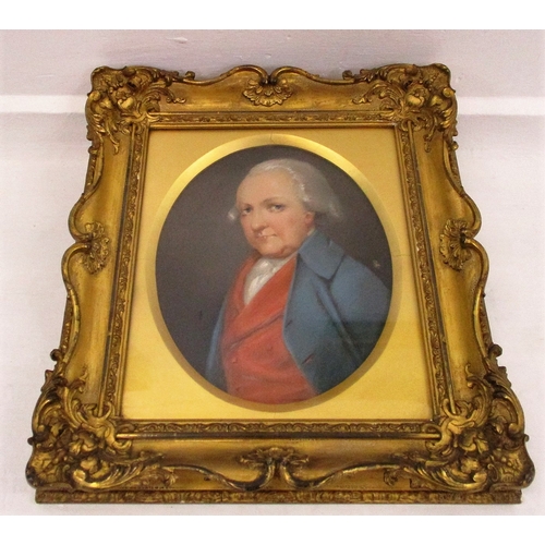 198 - Late C18th/Early C19th Oval Portrait Gentleman wearing blue jacket with red waistcoat, in swept gilt... 