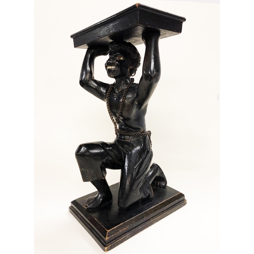 323 - Late C19th Carved Wooden Negro Figure kneeling on rectangular wooden base, arms aloft holding card t... 