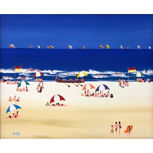 176 - Modern Mixed Media on Canvas Trigg Beach with surfers by Bernard Blumberg (Australian), signed, in p... 