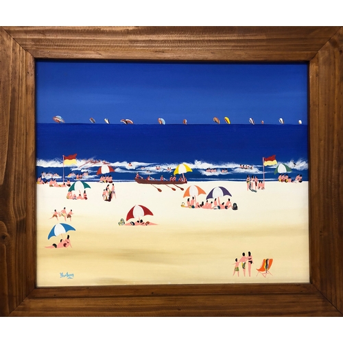 176 - Modern Mixed Media on Canvas Trigg Beach with surfers by Bernard Blumberg (Australian), signed, in p... 