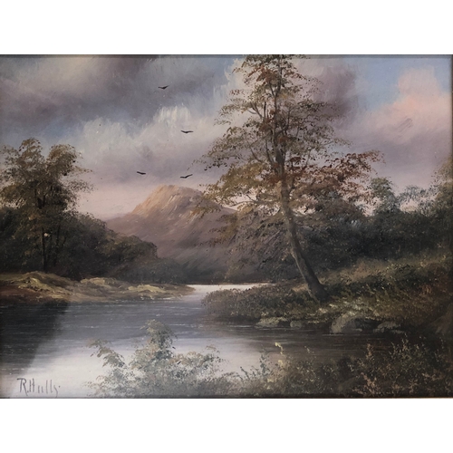 189 - Pair Oils on Board Scottish Landscape Lake Scenes with wooded banks, hills to distance, signed R Hul... 