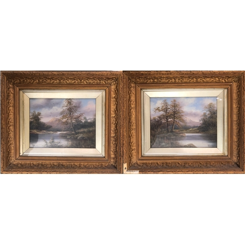 189 - Pair Oils on Board Scottish Landscape Lake Scenes with wooded banks, hills to distance, signed R Hul... 