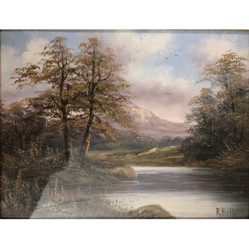 189 - Pair Oils on Board Scottish Landscape Lake Scenes with wooded banks, hills to distance, signed R Hul... 