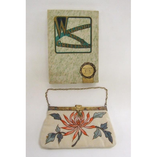 760 - Vintage Silk Lined Evening Purse with embroidered detail & gilt trim set red & green coral beads, ap... 