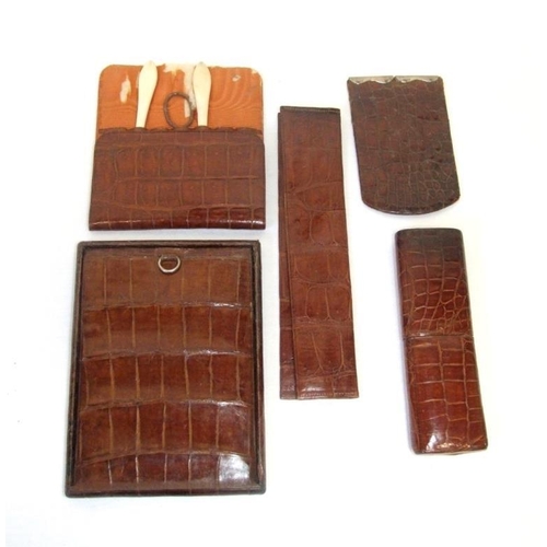 785 - Mens Vintage Crocodile Skin Manicure Case, Glasses Case, Comb Holder & Mirror Case & Alligator? Skin... 