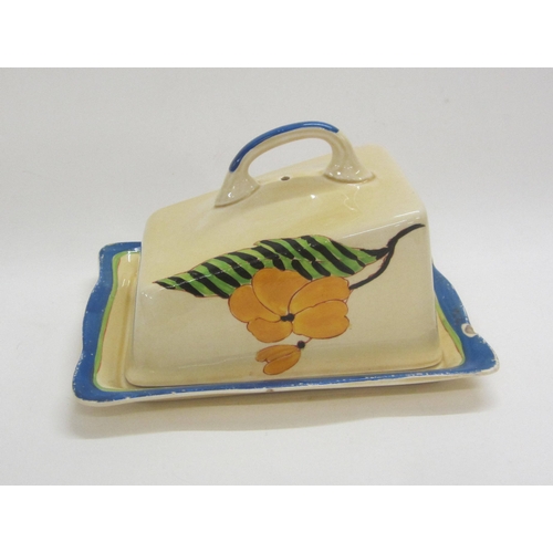 360 - Clarice Cliff Lodore Butter Dish & Cover, blue/yellow painted handles with green hatch leaf & yellow... 