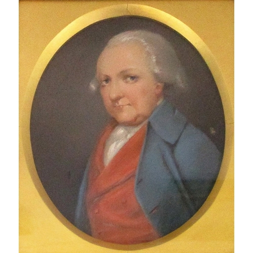 198 - Late C18th/Early C19th Oval Portrait Gentleman wearing blue jacket with red waistcoat, in swept gilt... 