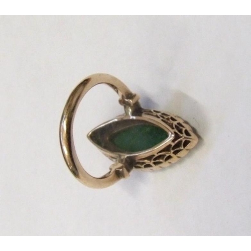 206 - Marquise Shaped Green Stone Set Ring surrounded by seed pearls held in yellow metal shank, size E