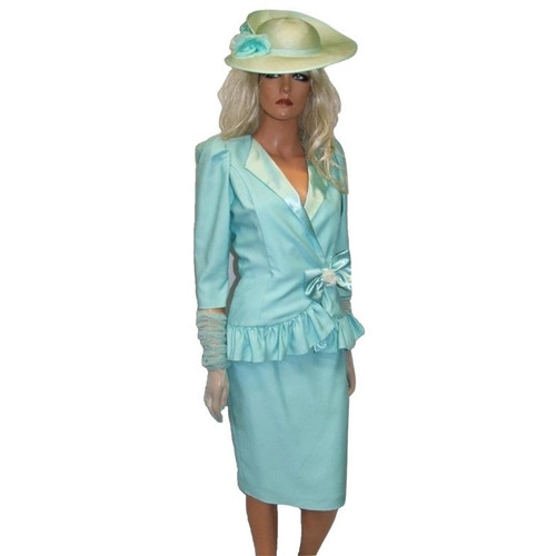 412 - Vintage Pronuptia Mother of The Bride Skirt Suit size 8 with matching gloves & Peter Betley hat