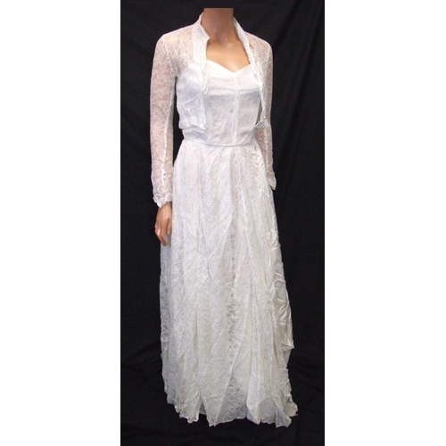 415 - Vintage 1950s/60s Wedding Dress, ivory lace over acetate with matching jacket (dress requires repair... 