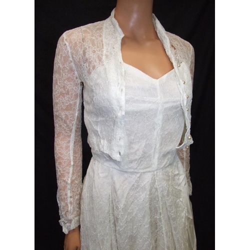 415 - Vintage 1950s/60s Wedding Dress, ivory lace over acetate with matching jacket (dress requires repair... 