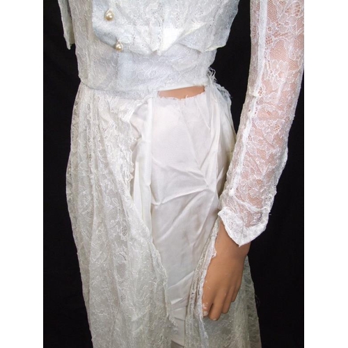 415 - Vintage 1950s/60s Wedding Dress, ivory lace over acetate with matching jacket (dress requires repair... 