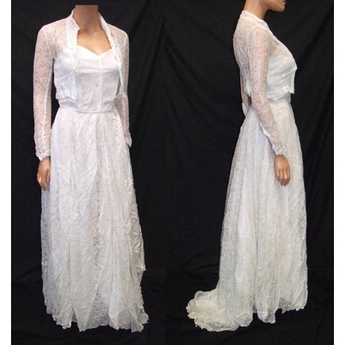 415 - Vintage 1950s/60s Wedding Dress, ivory lace over acetate with matching jacket (dress requires repair... 