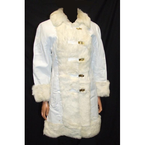 416 - 1960s White Leather Coat with white fur trim, approx. size 8