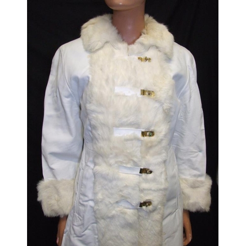 416 - 1960s White Leather Coat with white fur trim, approx. size 8