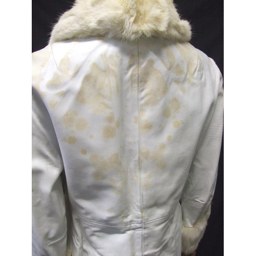 416 - 1960s White Leather Coat with white fur trim, approx. size 8