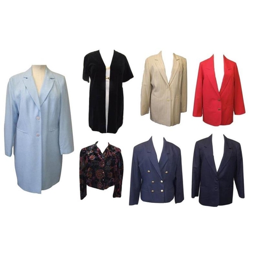 439 - Ladies Jackets: Essential pale blue size 16, House of Fraser red size 10, St Michael navy blue size ... 