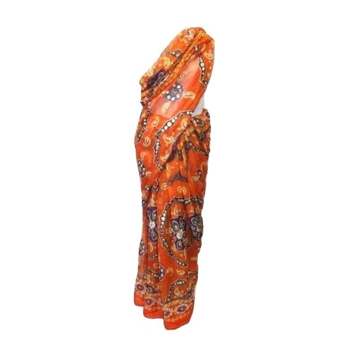 441 - Length of Orange Sari Silk decorated with gold thread embroidery detail